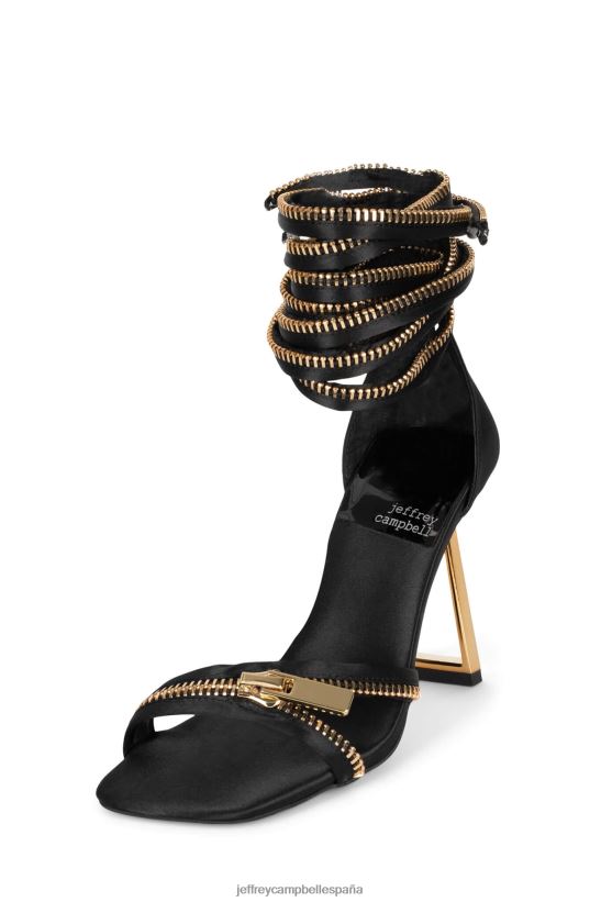 mujer Jeffrey Campbell cremallera arriba oro negro satinado PHXV4X1411 sandalia de tacón
